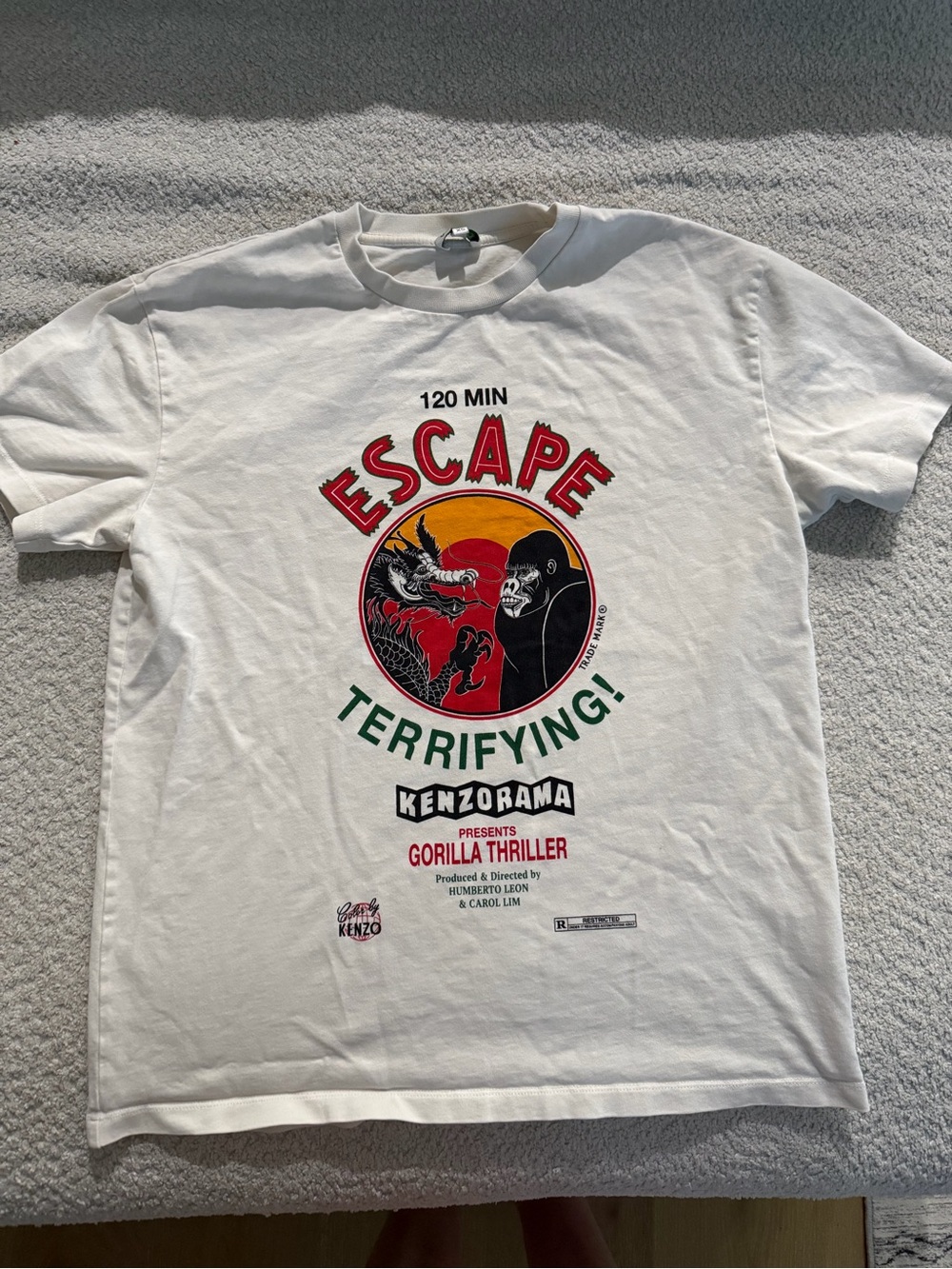 Kenzo White Graphic 'Escape Terrifying' Tee with Red, Yellow & Green Art